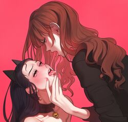 2girls after_kiss animal_ears black_hair blush bondage brown_hair cat_ears catgirl clothed_female clothed_male_nude_female collar egirl eye_contact eyelashes fake_animal_ears feed_spit female female/female female_only femdom femsub french_kiss french_kissing half-closed_eyes hand_on_chin head_grab heavy_blush kissing lezdom lipstick looking_pleasured open_mouth petplay pink_lipstick revolmxd saliva_swap saliva_trail snowballing tongue tongue_out topless yuri rating:Explicit score:529 user:linker-chat