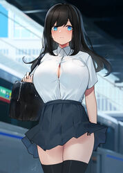 bag big_breasts blue-eyed_girl_(hayabusa) blue_eyes dark_hair fully_clothed hayabusa long_hair original school_uniform skirt thick_thighs thighhighs rating:Explicit score:189 user:StupidClassSlut♡