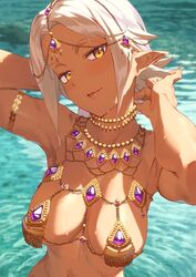 1girls dark-skinned_female dark_elf female female_only gold_eyes jewelry jewelry_only kinta_(distortion) large_breasts looking_at_viewer lots_of_jewelry naked_jewelry natigal ocean original seaside smile venus_bikini water wet white_hair yellow_eyes rating:Questionable score:194 user:TheKindHaremMaster