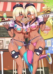 2girls beret big_breasts bikini black_hair blonde_hair blue_eyes breast_press breasts crop_top dark-skinned_female dark_skin egg employee_uniform eyepatch_bikini fast_food_uniform female female_only food french_fries garter_belt garter_straps gyaru hamburger hat highres kuro_gyaru large_breasts micro_bikini miyamoto_issa multicolored_hair multiple_girls navel open_mouth original shoes short_hair siblings smile sneakers standing stomach swimsuit swimsuit_under_clothes teeth thighhighs twins two-tone_hair uniform waitress rating:Questionable score:326 user:BB7