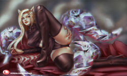 ahri alternate_costume animal_ears arm_support ass_grab black_legwear black_panties blonde_hair clothed fox_ears high_heel_boots high_heels k/da_ahri k/da_series league_of_legends long_hair lying nevandraws panties skirt skirt_lift smile solo solo_focus the_baddest_ahri thighhighs rating:Questionable score:35 user:orbitjewel