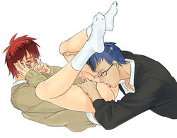 2boys aomine_daiki blue_hair dark-skinned_male gay glasses kagami_taiga kuroko_no_basuke male red_hair white_background yaoi rating:Explicit score:11 user:Kisumi