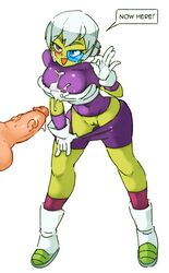 1girls alien_girl blue-tinted_eyewear cheelai cum cum_on_breasts cum_on_face disembodied_penis dragon_ball dragon_ball_super english_text female fresh_pussy green_skin humanoid looking_at_partner no_panties ok_sign pink_hair pulling_down_pants pussy rtil saankyu scouter short_hair tinted_eyewear white_hair wide_hips wide_thighs rating:Explicit score:56 user:Cranium