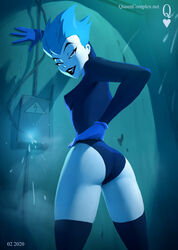 1girls ass blue_eyes blue_gloves blue_hair blue_lipstick blue_stockings dat_ass dc dc_comics dcau female female_focus female_only fully_clothed hand_on_hip hand_on_wall legwear leotard leslie_willis livewire looking_at_viewer queencomplex short_blue_hair short_hair sideboob smile stockings superman:_the_animated_series superman_(series) rating:Explicit score:262 user:House_of_XXX