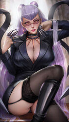 1girls ass big_breasts black_boots boots breasts cleavage earrings evelynn eyeshadow female female_only garter_straps hoop_earrings jewelry k/da_all_out_series large_breasts league_of_legends long_hair looking_at_viewer looking_over_eyewear looking_over_glasses purple-tinted_eyewear purple_hair smile solo sunglasses the_baddest_evelynn thighhighs thighs tinted_eyewear windwalker rating:Safe score:246 user:justausername