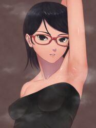 1girls arm_up armpit_fetish armpits bangs bare_shoulders black_eyes black_hair boruto:_naruto_next_generations breasts brown_background clothing collarbone dress eyewear female female_only glasses looking_at_viewer miru_(wvjc7832) naruto naruto_(series) sarada_uchiha short_hair sleeveless sleeveless_dress small_breasts solo strapless strapless_dress sweat sweatdrop sweating_profusely tubetop upper_body rating:Questionable score:353 user:UnrealHarbor