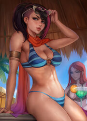 bar big_breasts bikini bikini_bottom bikini_top black_hair blue_eyes breasts cleavage clothed clothing fiora_laurent katarina_du_couteau kittew league_of_legends multicolored_hair pool_party_fiora pool_party_series scarf summer sunglasses sunglasses_on_head toned toned_female tropical rating:Questionable score:240 user:Hentai_Bro69