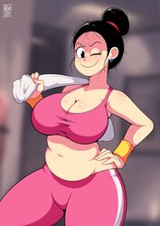 1girls androjuniarto belly big_breasts black_hair blush chichi chubby chubby_female dragon_ball dragon_ball_z earrings female large_breasts one_eye_closed pale-skinned_female pale_skin sports_uniform towel rating:Questionable score:114 user:Ugabuga