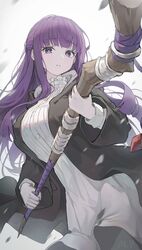  black_coat blunt_bangs braided_scarf coat dress female fern_(sousou_no_frieren) gradient_background grey_background highres holding holding_staff long_hair looking_at_viewer mage_staff myung_yi parted_lips purple_eyes purple_hair solo sousou_no_frieren staff white_dress  rating:questionable score: user:bot