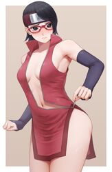 1girls black_hair blush boruto:_naruto_next_generations breasts eye_contact female glasses looking_at_viewer miru_(wvjc7832) naruto naruto_(series) revealing_clothes sarada_uchiha short_hair small_breasts solo standing thick_thighs thighs undressing unzipped rating:Questionable score:355 user:Bikuta69