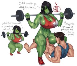 1boy 1girls barbell barefoot big_breasts big_penis black_hair brown_hair choker cleavage cowgirl_position crotch_bulge dumbbell english_text erection fangs female green-skinned_female green_skin gym_shirt heart-shaped_pubic_hair huge_cock human humanoid interspecies larger_female light-skinned_male light_skin long_hair lying lying_down male male_human/female_humanoid male_human/orc_female mavka_nocnitsa muscular muscular_female muscular_male orc orc_female partially_nude penetration penis pointy_ears pubic_hair red_eyes sex shoes short_hair squatting sweat sweating sweet_dynamite tank_top text vaginal_penetration veiny_penis very_high_resolution white_background workout wristband rating:Explicit score:325 user:!nner$elf89