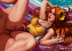 1boy 1girls alternate_costume balls big_breasts big_lips blush blushing bow breasts brown_eyes calves cleavage clitoris erection female flower freckles just_the_tip league_of_legends leona_(league_of_legends) lips long_hair luminyu luscious_lips lying_down lying_on_back male missionary_position no_body_hair nude_male open_mouth orange_hair panty_pull penetration penis pool pool_party_leona pool_party_series pussy ribbon riot_games sex shaved_pubes shaved_pussy spread_legs spreading summer sunflower teeth testicles tongue underwear_aside vaginal_penetration very_long_hair water rating:Explicit score:278 user:Futa_Warlord