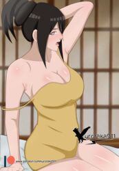 1girls agung911 arm_behind_head arm_up armpits big_breasts boruto:_naruto_next_generations breasts brown_hair cleavage clothing dress female female_only hyuuga_hanabi long_hair looking_aside looking_at_viewer naruto naruto_(series) off_shoulder one_arm_up open_mouth posing sitting strap_slip tied_hair violet_eyes rating:Questionable score:165 user:UnrealHarbor