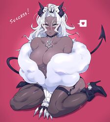 abs armwear blush breasts choker claws cleavage dark-skinned_female dark_skin demon demon_girl demon_horns demon_tail female female_only fur_coat gram_quartz hairband heels helltaker high_heels highres judgement_(helltaker) kneeling long_hair looking_at_viewer messy_hair muscular muscular_female red_background solo solo_female stockings white_eyebrows white_eyes white_hair rating:Questionable score:448 user:!nner$elf89