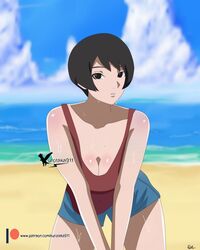 1girls agung911 beach bent_over black_eyes black_hair boruto:_naruto_next_generations breasts cleavage female female_only kurotsuchi looking_at_viewer naruto naruto_(series) ocean sand short_hair shorts standing sweat sweatdrop tank_top water rating:Questionable score:81 user:UnrealHarbor