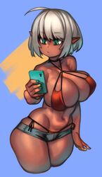 1girls ahoge big_breasts bikini blue_nail_polish choker cleavage_cutout dark-skinned_female dark_elf dark_skin elf female female_only green_eyes hip_squish holding_phone kelvin_hiu kuu_(zanamaoria) looking_at_phone medium_hair original pointy_ears short_shorts side-tie_panties sideboob smartphone solo solo_female unamused very_high_resolution white_hair wide_hips yellow_nail_polish rating:Questionable score:192 user:!nner$elf89