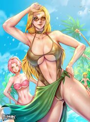 1boy 2girls beach being_watched big_breasts bikini blonde_hair blood breasts brown_eyes cleavage facial_mark female forehead_mark forehead_protector green_eyes heart_eyes hibren long_hair looking_over_eyewear looking_over_glasses male midriff naruto naruto_(series) naruto_shippuden nosebleed pink_hair sakura_haruno short_hair smile sunglasses swimsuit teacher_and_student tinted_eyewear tsunade uzumaki_naruto watching yellow-tinted_eyewear rating:Questionable score:227 user:UnrealHarbor