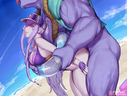 1boy 1girls ambiguous_penetration beach bent_over kumiko_(aleron) large_breasts larger_male lavender_hair league_of_legends long_hair looking_at_viewer mundo_(league_of_legends) outdoor outdoors pool_party_mundo pool_party_series pool_party_syndra purple_hair sex size_difference smaller_female smile swimsuit swimwear syndra very_long_hair rating:Explicit score:188 user:astropig22