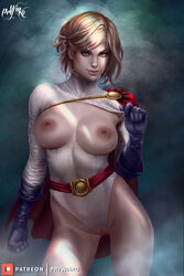 1girls artist_name belt blonde_hair blue_eyes blue_gloves breasts breasts_out capelet censored cleavage cleavage_cutout clenched_hand clothing_cutout commentary contrapposto dc dc_comics english_commentary female freckles gloves hand_up highres karen_starr large_breasts leotard looking_at_viewer mole mole_on_breast mosaic_censoring nipples no_bra no_panties patreon_logo photoshop_(medium) power_girl prywinko pussy short_hair smirk solo standing superman_(series) torn_clothes torn_leotard white_leotard rating:Explicit score:84 user:bot