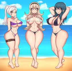 3girls alternate_costume barefoot between_labia big_breasts bikini bimbo black_bikini breasts busty byleth_(fire_emblem) byleth_(fire_emblem)_(female) byleth_(summer)_(fire_emblem)_(female) corrin_(fire_emblem) corrin_(fire_emblem)_(female) corrin_(summer)_(fire_emblem)_(female) drunkavocado feet female female_only fire_emblem fire_emblem:_three_houses fire_emblem_awakening fire_emblem_cipher fire_emblem_fates fire_emblem_heroes huge_breasts innie_pussy nintendo robin_(female)_(summer)_(fire_emblem) robin_(fire_emblem) robin_(fire_emblem)_(female) shell_bikini teal_hair thick_thighs wide_hips rating:Explicit score:282 user:justausername