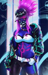 abs akali alternate_costume asymmetrical_legwear blue_eyes breasts cleavage dandon_fuga female female_only hat idol jacket k/da_akali k/da_series league_of_legends leggings looking_at_viewer midriff ponytail purple_hair riot_games solo strapless strapless_top strapless_topwear toned tubetop rating:Explicit score:110 user:Fuck_McFaceFuck