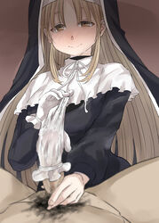 1boy 1girls 4may3 blonde_hair blush brown_eyes censored cum_in_glove female femdom glovejob gloves gloves_removed handjob light-skinned_female light-skinned_male light_skin male nijisanji nun penis penis_in_glove sister_cleaire straight virtual_youtuber rating:Explicit score:214 user:Miss_Vulf