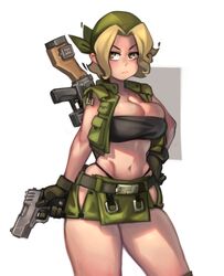 1girls bandana bangs belt belt_buckle beltskirt big_thighs black_panties black_thong blonde_hair blush cleavage cleavage_overflow curly_hair eri_kasamoto female female_focus female_only frown glove gloved gloves gun hand_on_hip handgun highres hips holding_object holding_weapon kelvin_hiu knee_pads light-skinned_female light_skin looking_away metal_slug midriff navel no_bra pocket pockets revealing_clothes short_hair simple_background snk stomach thick_thighs thong tubetop tummy vest weapon weapon_on_back weapons white_background wide_hips yellow_eyes rating:Questionable score:129 user:Sumtime