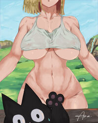 1girls abs android_18 araneesama blonde_hair bottomless breasts cat censored covered_nipples cutesexyrobutts_(style) dragon_ball dragon_ball_z fit_female light-skinned_female outdoors scratch_(dragon_ball) see-through tank_top underboob wet_clothes rating:Explicit score:234 user:GoatGray