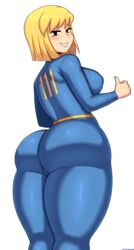 1girls ass big_ass bimbo clothing drunkavocado fallout female female_only jumpsuit looking_at_viewer looking_back mob_face thick_thighs uniform vault_girl vault_suit wide_hips rating:Questionable score:591 user:justausername