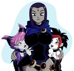 3girls argent_(dc) breast_envy colored dc dc_comics female female_only jinx_(dc) large_breasts multiple_girls rachel_roth raven_(dc) ravenravenraven size_difference smooth_skin teen_titans yuri rating:Questionable score:213 user:Sssfapper