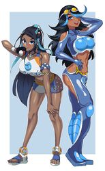 1girls big_breasts black_hair blue_eyes bottomwear breasts clothed clothed_female crossover dark-skinned_female dark_skin feet female female_only full_body goggles goggles_on_head gym_leader gym_uniform hair hair_over_one_eye huge_breasts legs long_hair looking_at_viewer mature mature_female mature_woman nessa_(pokemon) open_mouth pokémon pokeball pokemon pokemon_rse pokemon_ss shelly_(pokemon) shelly_(pokemon_oras) shorts silvina_(pokémon) smile thick_thighs thighs topwear volyz rating:Questionable score:199 user:daft_human