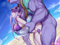 1boy 1girls beach bent_over kumiko_(aleron) large_breasts larger_male lavender_hair league_of_legends long_hair mundo_(league_of_legends) outdoor outdoor_sex outdoors pool_party_mundo pool_party_series pool_party_syndra purple_hair size_difference smaller_female surprised swimsuit swimwear syndra very_long_hair rating:Explicit score:180 user:astropig22