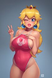 1girls absurdres big_breasts blonde_hair blue_background blue_earrings blue_eyes breasts covered_navel crown dick_sucking_lips earrings female female_only grey_background highres large_breasts long_hair mario_(series) mushroom nintendo one-piece_swimsuit one_eye_closed peace_sign pink_lipstick pink_nail_polish pink_nails pink_swimsuit princess_peach rizdraws side_boob sideboob signature simple_background skin_tight skindentation smile smiling solo standing swimsuit thick_lips thick_thighs v wide_hips wink winking rating:Questionable score:710 user:justausername