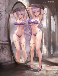 1girls ;d absurdres armlet armpits arms_up ass_visible_through_thighs azto_dio bikini black_choker breasts choker clothes_lift collarbone female fire_emblem fire_emblem:_genealogy_of_the_holy_war full_body high_heels highres huge_filesize indoors ishtar_(fire_emblem) large_breasts lifted_by_self looking_at_viewer mirror navel nintendo one_eye_closed open_mouth open_smile pigeon-toed purple_bikini purple_eyes purple_footwear purple_hair purple_ribbon purple_swimsuit reflection ribbon side-tie_bikini side_ponytail smile solo solo_female standing stomach swimsuit thighlet underboob undressing window rating:Safe score:168 user:kris923