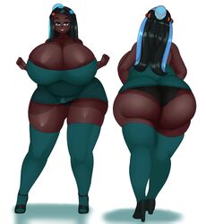 1girls absurdres ass big_breasts breasts cleavage dark-skinned_female dark_skin female female_only fladdykin front_and_back highres huge_ass huge_breasts large_breasts nessa_(pokemon) pokemon pokemon_ss solo thick_thighs thighhighs white_background wide_hips rating:Questionable score:110 user:justausername