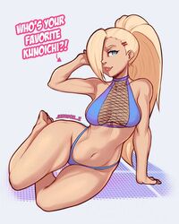 1girls 2020 2020s arm_support arm_up athletic bare_shoulders barefoot big_breasts bikini blonde_hair blue_eyes breasts clavicle feet female female_focus female_only fishnets hair_over_one_eye highleg_bikini ino_yamanaka jakuson_z kneeling lipstick long_hair looking_at_viewer lying makeup midriff naruto naruto_(series) naruto_shippuden nipples on_side parted_lips ponytail question shounen_jump smile soles solo swimsuit talking talking_to_viewer text tied_hair toes very_long_hair visible_nipples wide_hips rating:Questionable score:417 user:UnrealHarbor