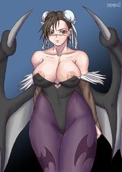 black_hair blush breasts chun-li clothing cosplay darkstalkers earrings female female_only human jewelry large_breasts morrigan_aensland morrigan_aensland_(cosplay) nipples pantyhose papepox2 solo straight_hair street_fighter rating:Explicit score:13 user:bot