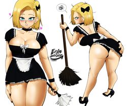 1girls android_18 ass bent_over big_ass big_breasts black_high_heels black_nails blonde_hair blue_eyes blush breasts cleavage dat_ass dragon_ball dragon_ball_z echosaber eye_contact female female_only front_and_back fully_clothed high_heels large_breasts looking_at_viewer maid maid_headdress maid_uniform medium_hair nail_polish panties shounen_jump solo thick_thighs thighs white_background rating:Questionable score:414 user:Ugabuga