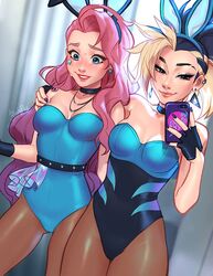 akali blonde blonde_hair blue_eyes blush blushypixy blushyspicy breasts bunny_costume bunny_ears bunny_girl bunnysuit choker ear_piercing earrings female_only gloves hourglass_figure k/da_all_out_akali k/da_all_out_series k/da_series league_of_legends league_of_legends:_wild_rift medium_breasts nail_polish necklace phone pink_hair selfie seraphine_(league_of_legends) shy smug rating:Safe score:473 user:PornStarAkali