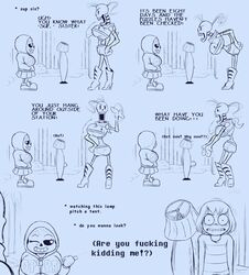 1boy 2girls breasts clothed clothing comedy comic comic_(under(her)tail) english_text erection fan_character female frisk frisky_(under(her)tail) funny high_heels humor male papyrus sans skeleton sketch tempus_(under(her)tail) text thewill under(her)tail undertale undertale_fanfiction rating:Questionable score:16 user:SOMEBODYWEARE