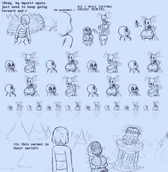 1boy 2girls breasts clothed clothing comedy comic comic_(under(her)tail) english_text fan_character female frisk frisky_(under(her)tail) funny humor male papyrus sans skeleton sketch tempus_(under(her)tail) text thewill under(her)tail undertale undertale_fanfiction rating:Safe score:13 user:SOMEBODYWEARE