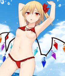 arm_up armpits ass_visible_through_thighs bikini bikini_lift blonde_hair blush breasts cameltoe eyebrows_visible_through_hair female flandre_scarlet frilled_bikini frills groin hair_ornament hair_ribbon highres looking_at_viewer miyo_(ranthath) nipples ocean open_mouth outdoors red_bikini red_eyes ribbon shiny shiny_hair shiny_skin short_hair sky solo standing swimsuit swimwear touhou wings rating:Explicit score:70 user:bot