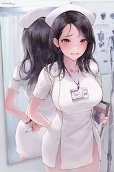 1girls big_breasts black_hair blush breasts chowbie collared_dress dress embarrassed eyelashes eyeliner female female_only large_breasts long_hair looking_at_viewer makeup mirror nurse nurse_cap nurse_uniform open_mouth pink_eyes reflection short_dress smile solo solo_female syringe thick_thighs uniform rating:Questionable score:201 user:Mivaza