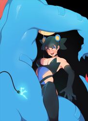 1boy 1girls black_background black_hair blue_body blush breasts combos-n-doodles earrings feraligatr gloves implied_sex interspecies makeup nintendo orange_eyes original_character pokemon pokemon_gsc pokephilia saliva stomach_bulge sweat thighhighs rating:Questionable score:128 user:Ugabuga