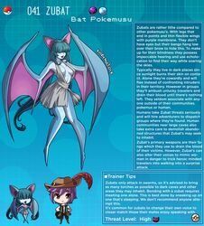 bat_ears bat_girl bat_wings blue_hair chiropteran clothing english_text humanized kinkymation long_hair monster_girl nintendo page_41 pokémon_(species) pokedex pokemon pokemon-girl_encyclopedia pokemusu profile text very_high_resolution winged_arms zubat rating:Safe score:80 user:!nner$elf89