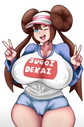 1girls areola_bulge big_breasts blue_eyes brown_hair cameltoe colored cucarachaaa double_bun eye_contact female female_only huge_breasts large_breasts long_hair looking_at_viewer nintendo nipple_bulge one_eye_closed peace_sign pokemon pokemon_bw2 rosa_(pokemon) shorts solo sugoi_dekai thecon thick_thighs thighs twintails v v_sign white_background rating:Questionable score:105 user:Ugabuga