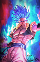  1boy abs artist_name blue_hair closed_mouth commentary_request cropped_vest dragon_ball dragon_ball_super dragon_ball_super_broly energy from_below gogeta grey_eyes highres korean_commentary male_focus metamoran_vest muscular muscular_male navel open_clothes open_vest outstretched_arm pants sash solo soy_chicken spiked_hair super_saiyan super_saiyan_blue vest wristband  rating:safe score: user:bot