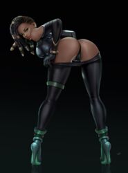 1girls ass bent_over black_background black_hair bracelet dark-skinned_female dark_hair dark_skin dreadlocks dress ear_piercing felox08 female_only green_eyes hair_ornament high_heels latex league_of_legends legs_apart looking_at_viewer pants_down plain_background realistic rear_view senna_(league_of_legends) solo thong undressing rating:Questionable score:202 user:Guilford