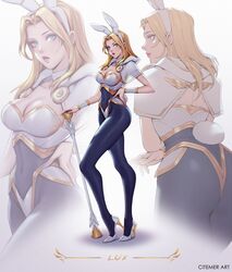 1girls big_ass blonde_hair blue_eyes bunny_ears bunnysuit citemer cleavage clothed clothing elegant fit fit_female hand_on_hip hand_on_object headband heels hips league_of_legends looking_at_viewer luxanna_crownguard medium_breasts staff rating:Questionable score:392 user:Hypereide