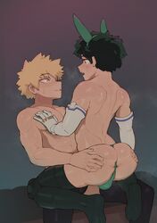 2boys anus ass ass_grab backsack balls_in_panties blonde_hair blush bunny_ears cheesecrumbles freckles gay green_hair izuku_midoriya katsuki_bakugou long_gloves looking_at_another male_only mostly_nude my_hero_academia short_hair spread_anus spread_ass sweat thighhighs thong yaoi rating:Explicit score:478 user:MegaMoo